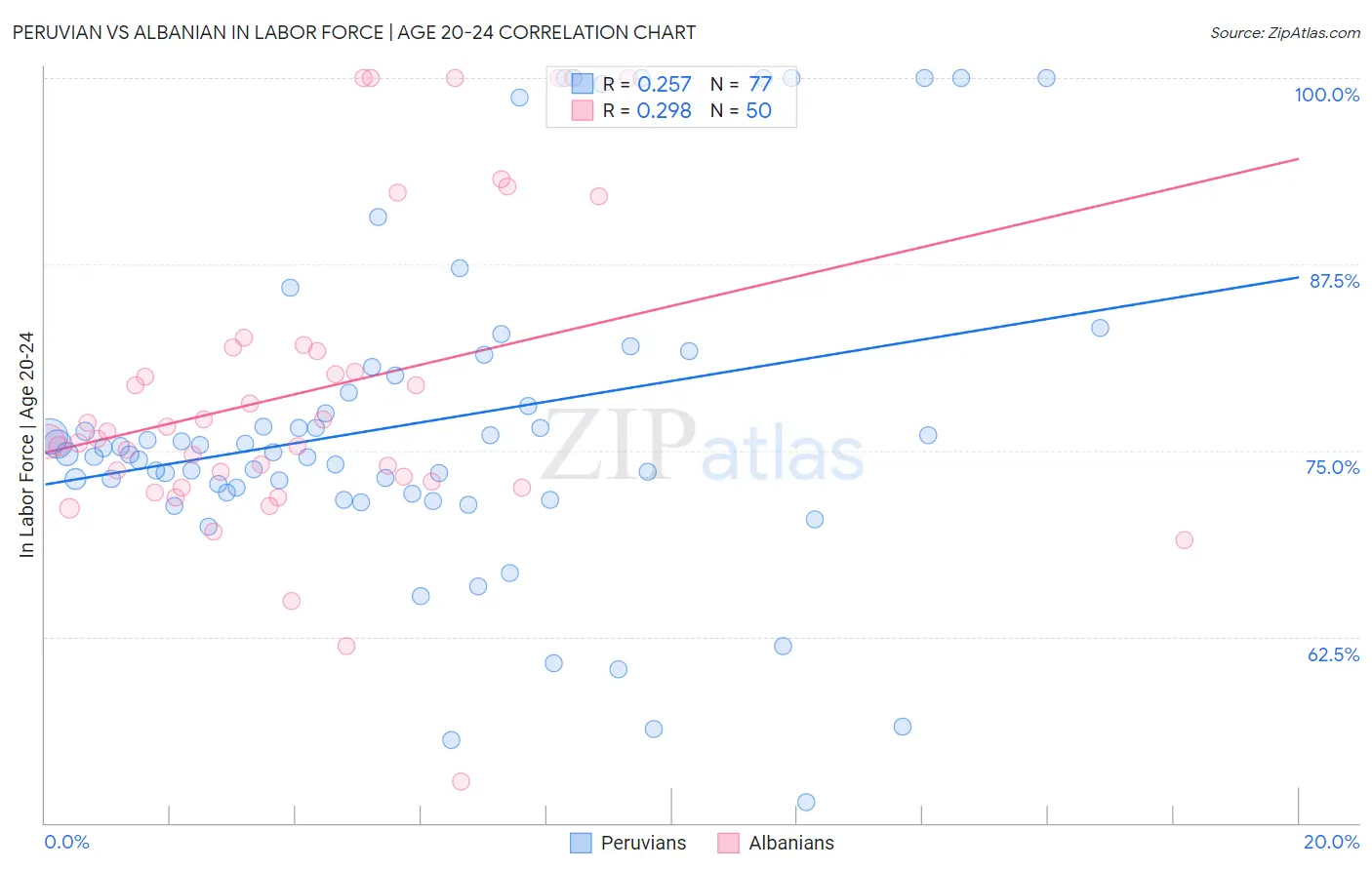 Peruvian vs Albanian In Labor Force | Age 20-24