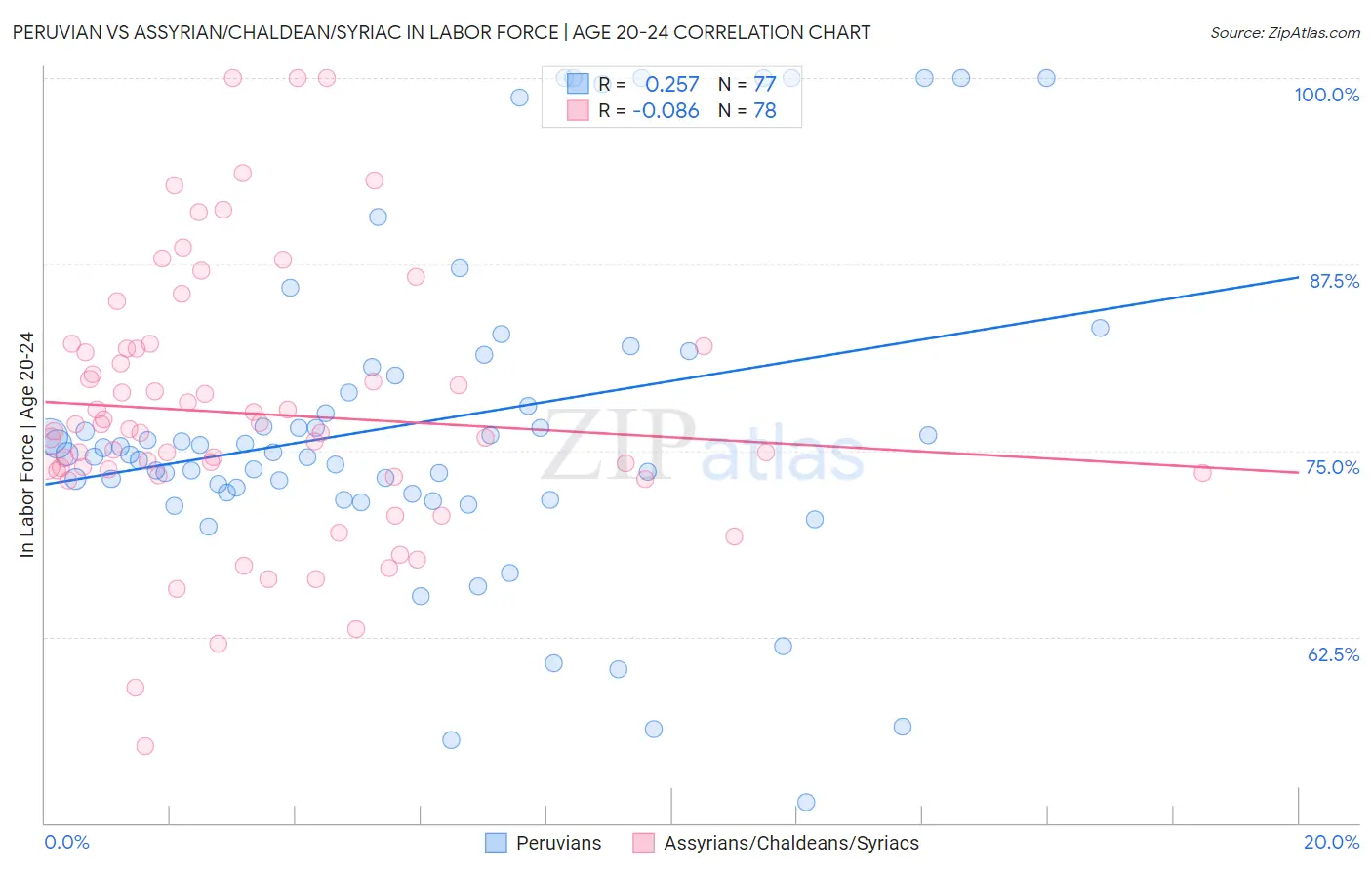 Peruvian vs Assyrian/Chaldean/Syriac In Labor Force | Age 20-24