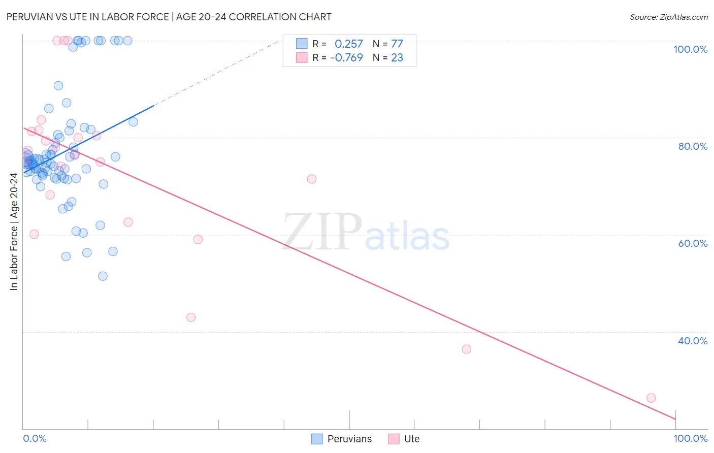 Peruvian vs Ute In Labor Force | Age 20-24