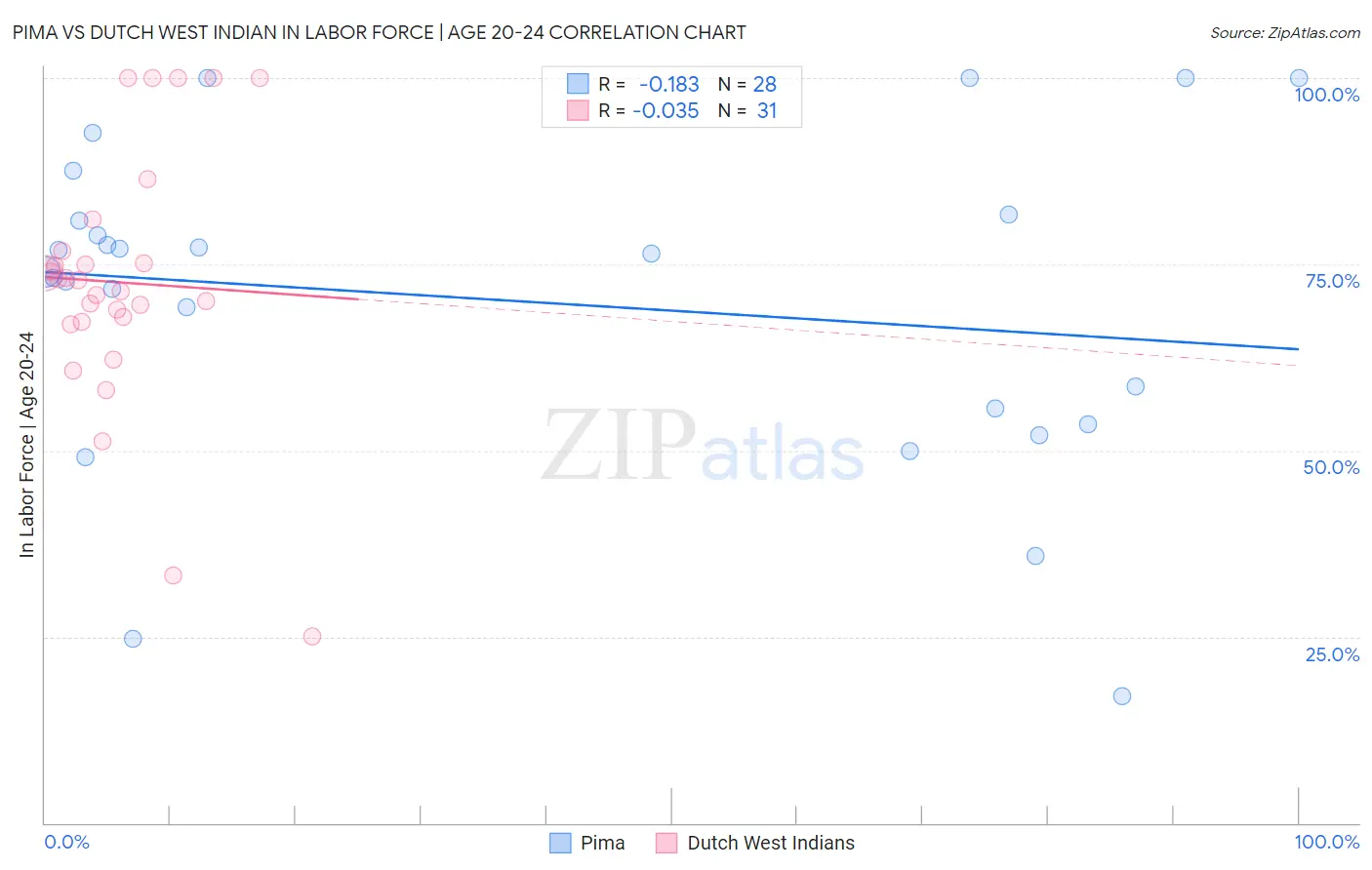 Pima vs Dutch West Indian In Labor Force | Age 20-24