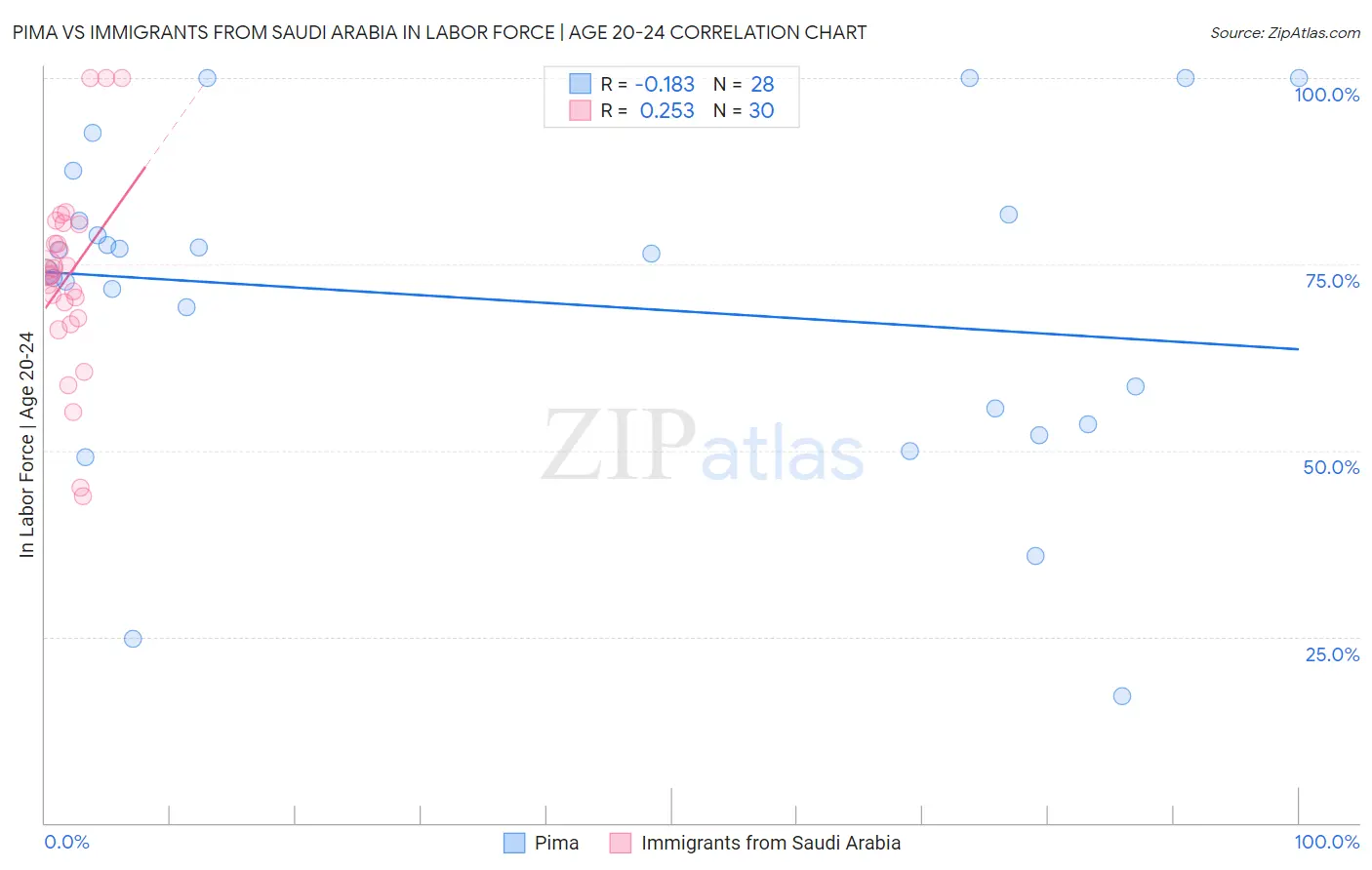 Pima vs Immigrants from Saudi Arabia In Labor Force | Age 20-24