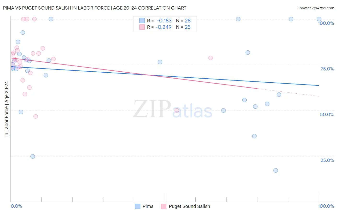 Pima vs Puget Sound Salish In Labor Force | Age 20-24