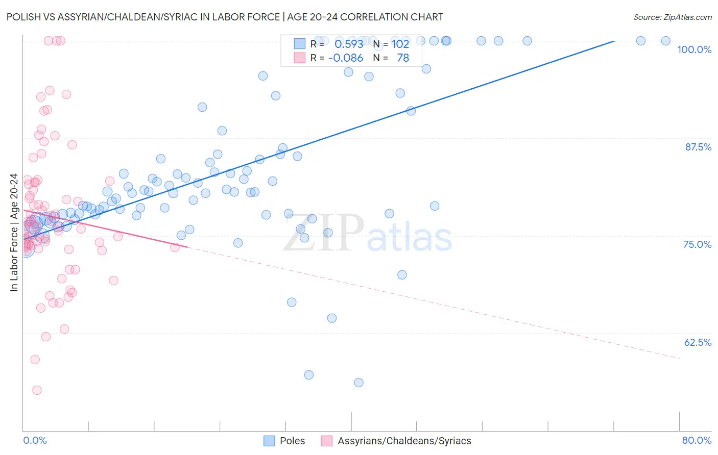 Polish vs Assyrian/Chaldean/Syriac In Labor Force | Age 20-24