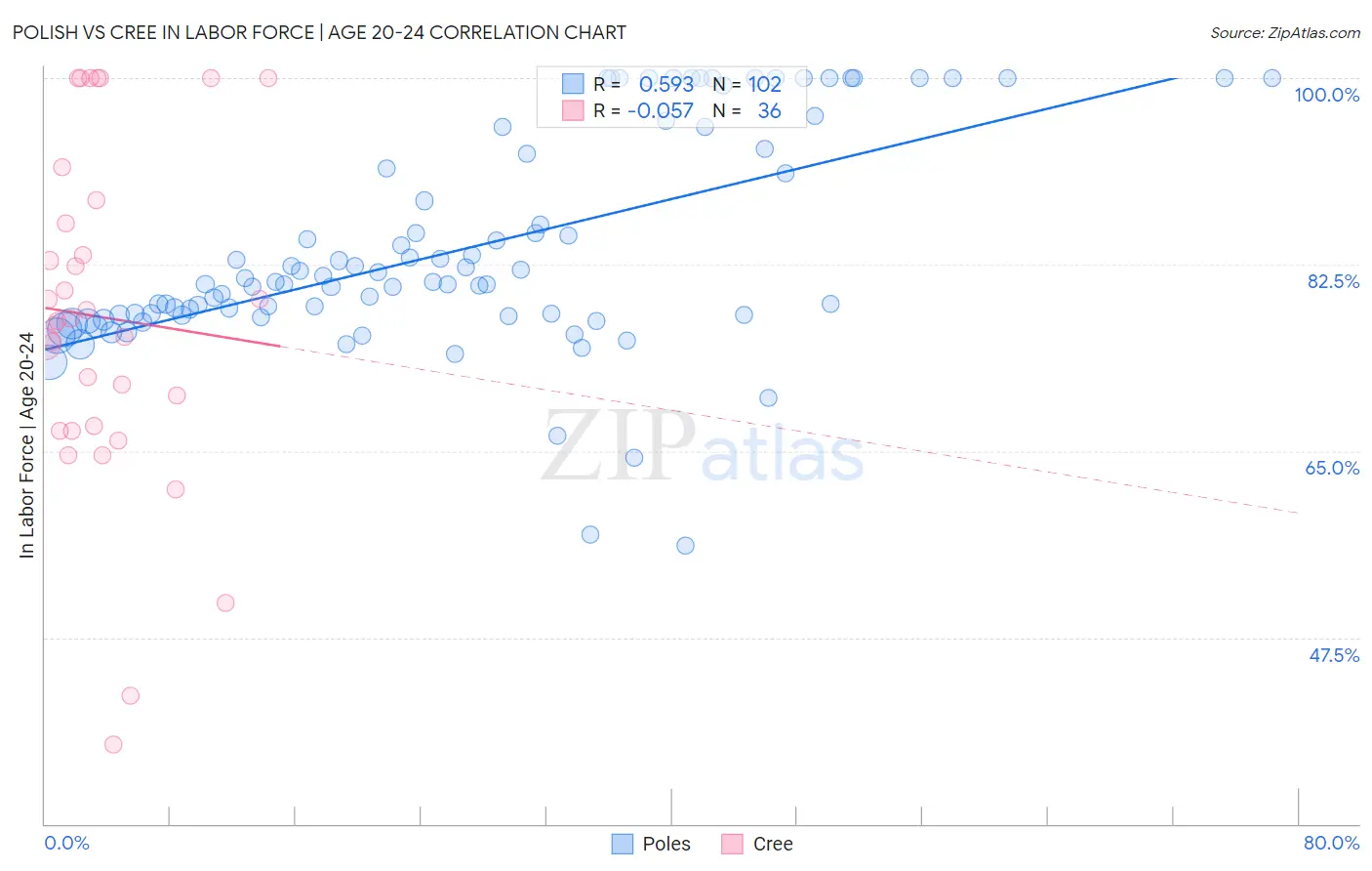 Polish vs Cree In Labor Force | Age 20-24