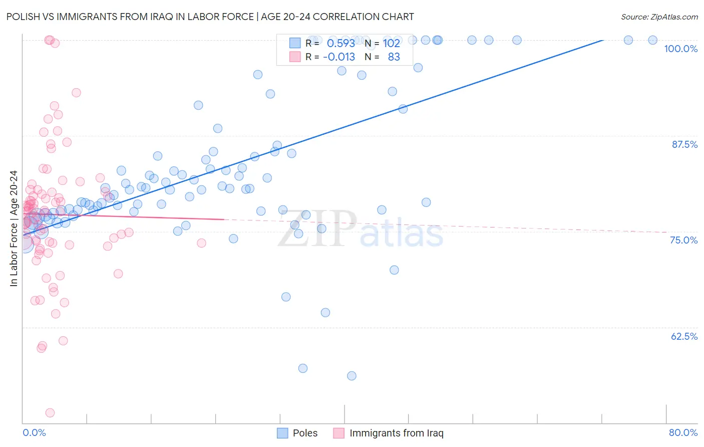 Polish vs Immigrants from Iraq In Labor Force | Age 20-24