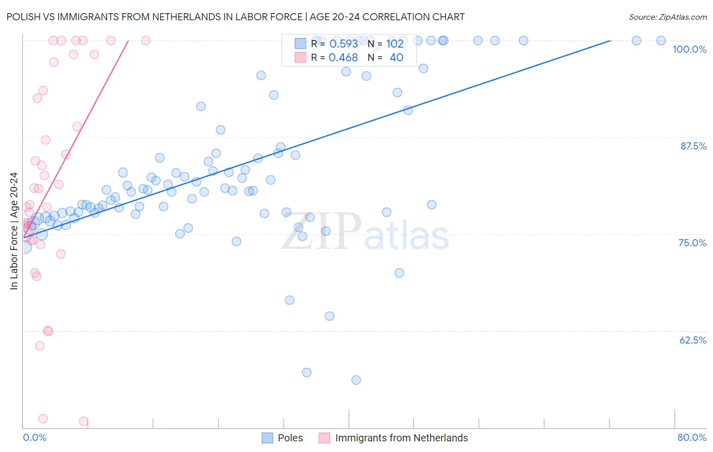 Polish vs Immigrants from Netherlands In Labor Force | Age 20-24