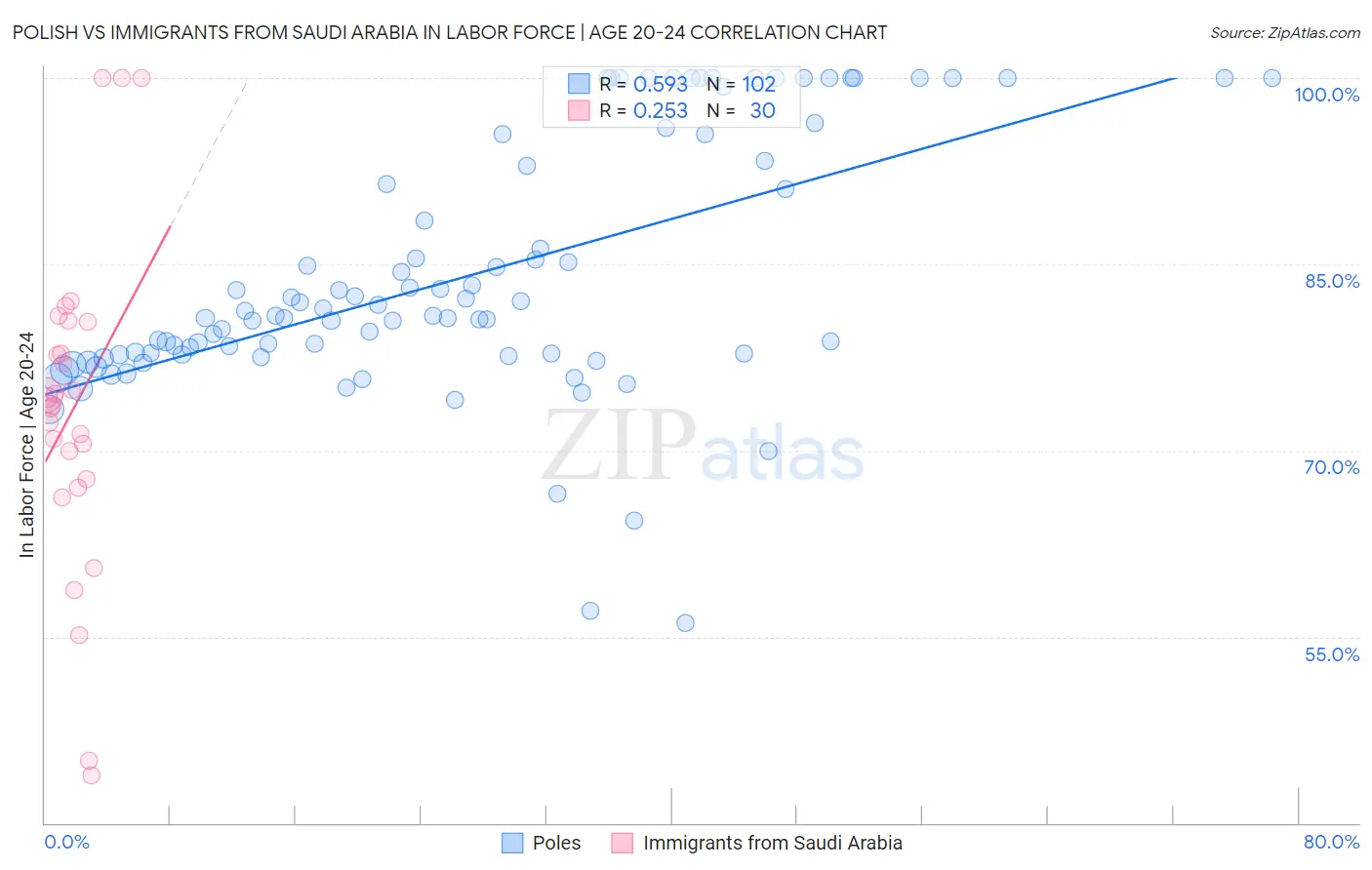 Polish vs Immigrants from Saudi Arabia In Labor Force | Age 20-24