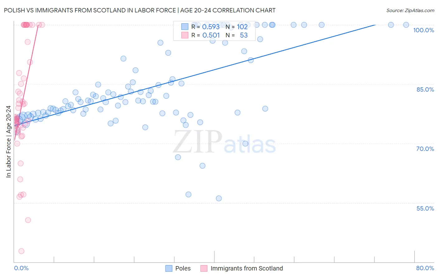 Polish vs Immigrants from Scotland In Labor Force | Age 20-24