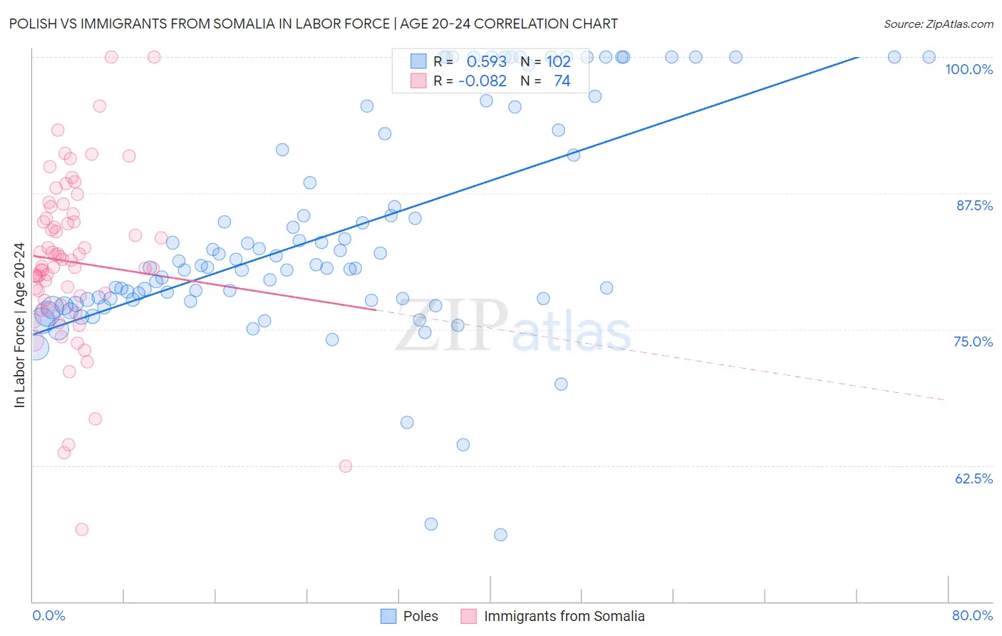 Polish vs Immigrants from Somalia In Labor Force | Age 20-24