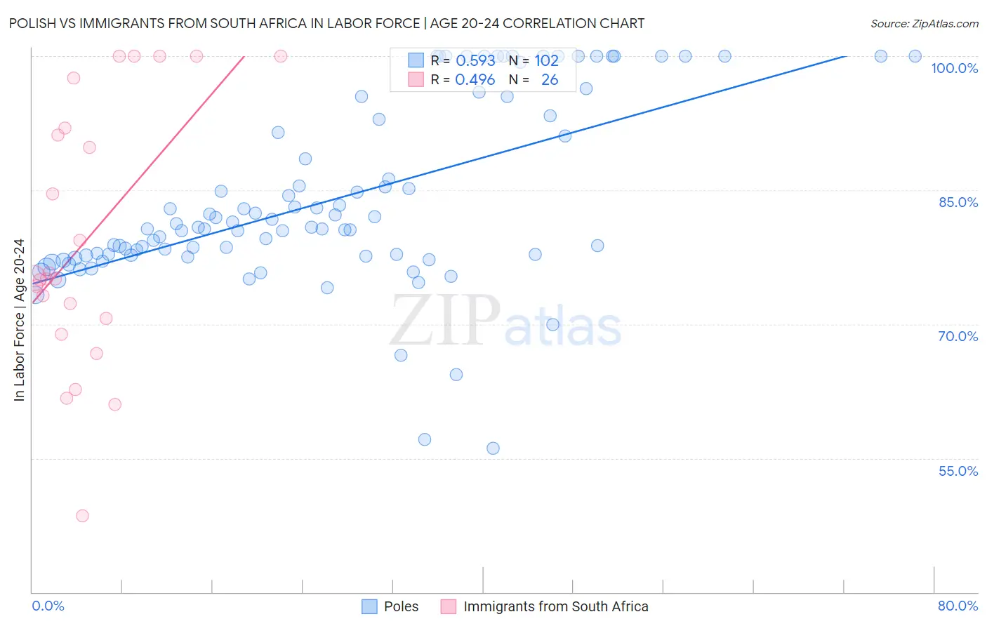 Polish vs Immigrants from South Africa In Labor Force | Age 20-24