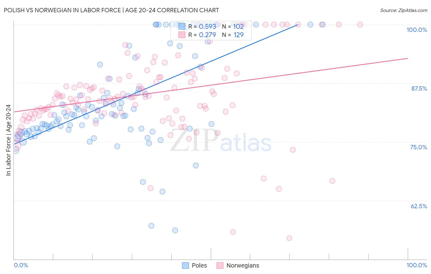 Polish vs Norwegian In Labor Force | Age 20-24