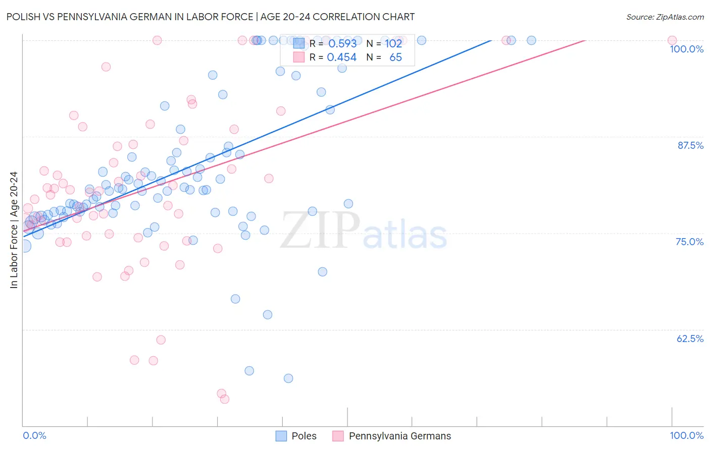 Polish vs Pennsylvania German In Labor Force | Age 20-24