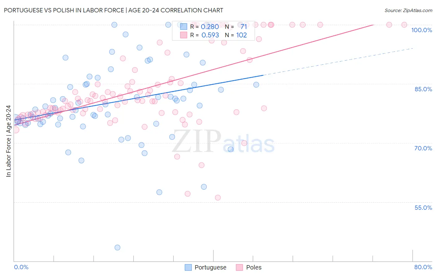 Portuguese vs Polish In Labor Force | Age 20-24