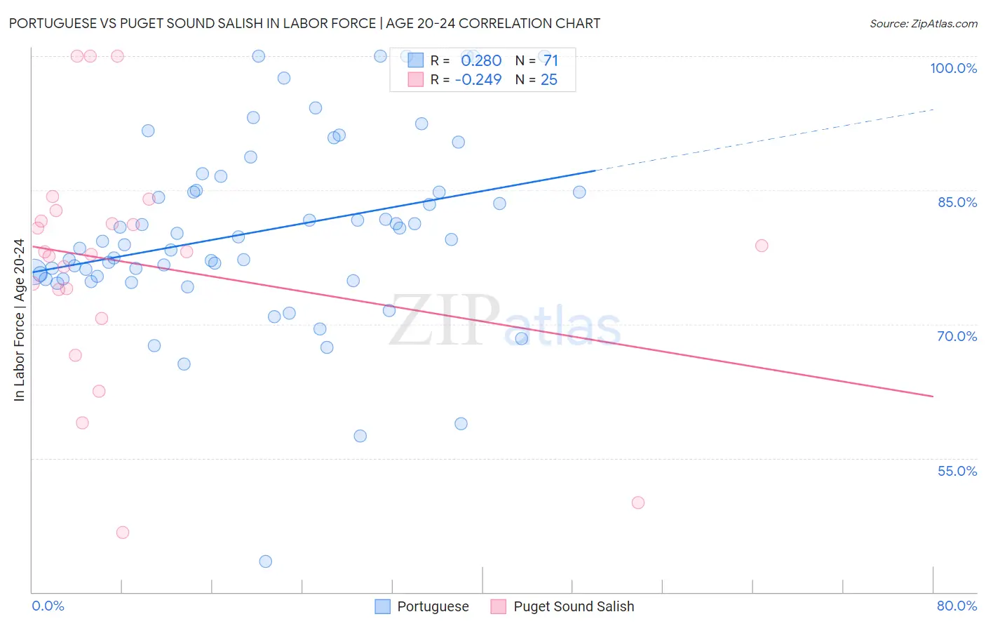 Portuguese vs Puget Sound Salish In Labor Force | Age 20-24