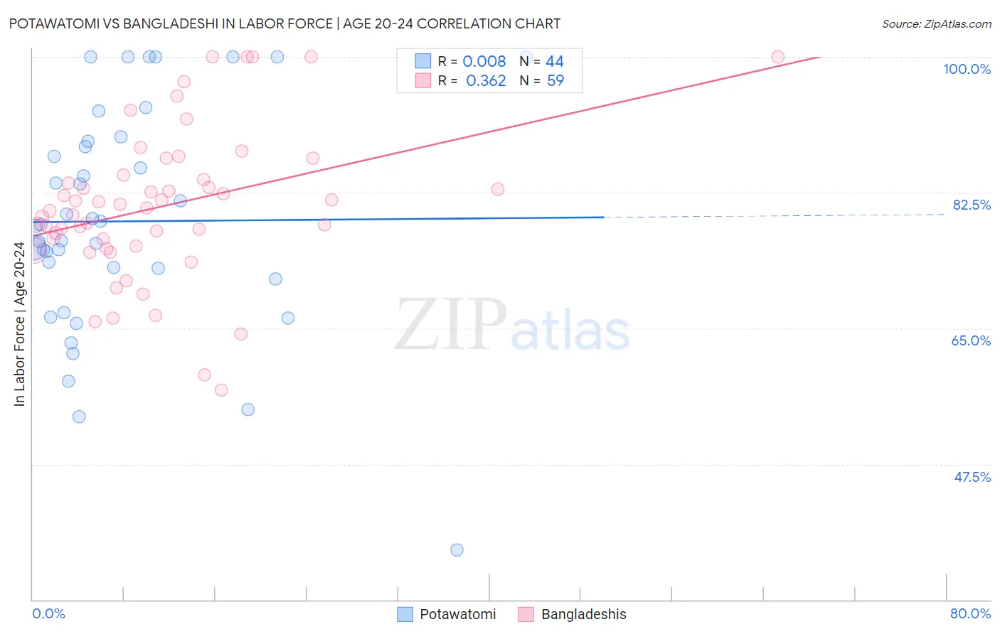 Potawatomi vs Bangladeshi In Labor Force | Age 20-24