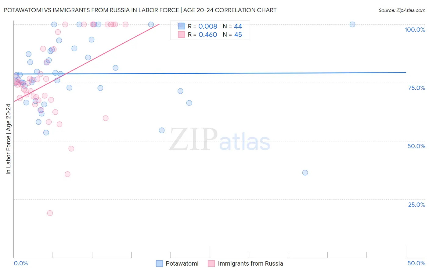Potawatomi vs Immigrants from Russia In Labor Force | Age 20-24