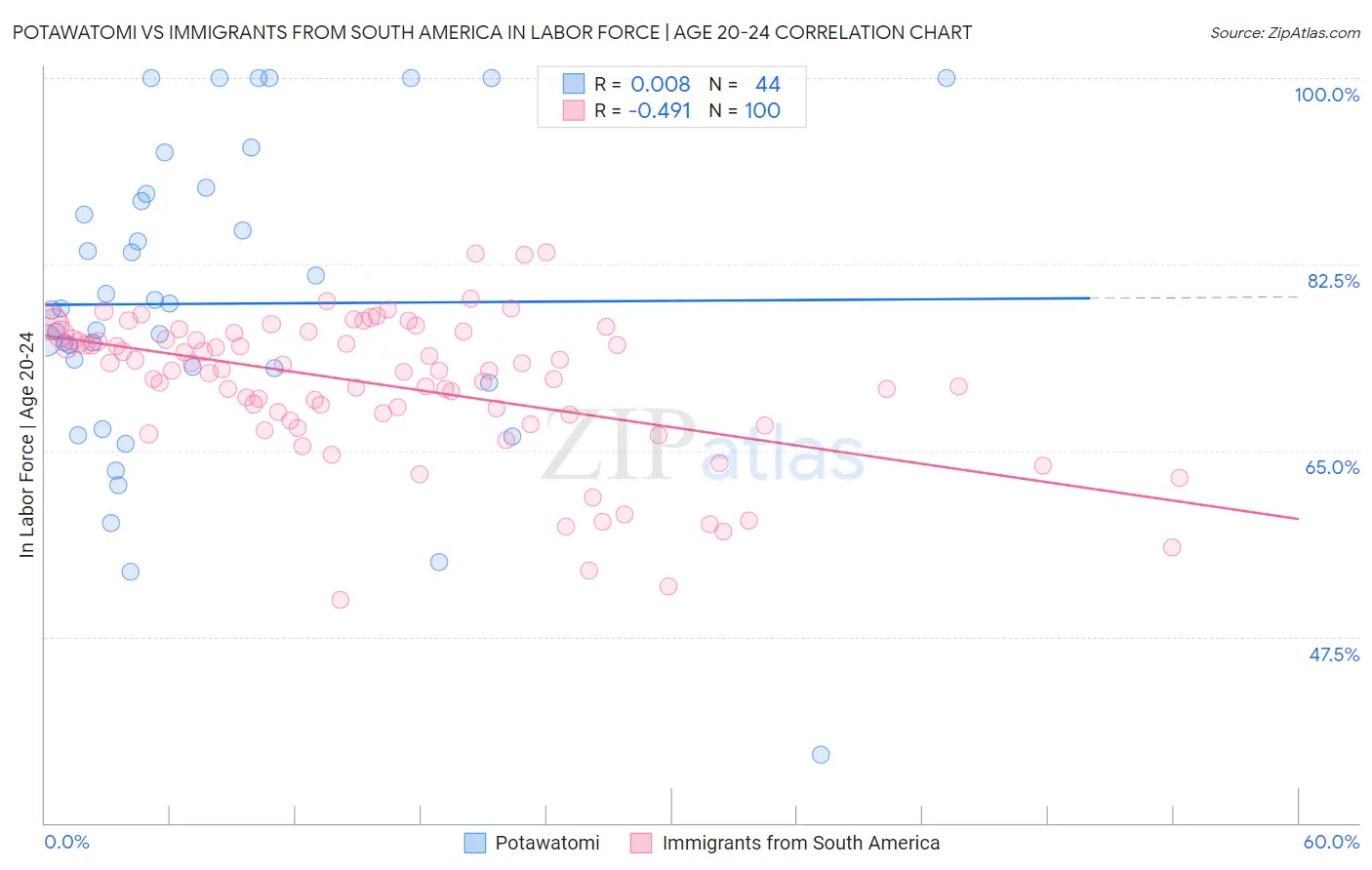 Potawatomi vs Immigrants from South America In Labor Force | Age 20-24