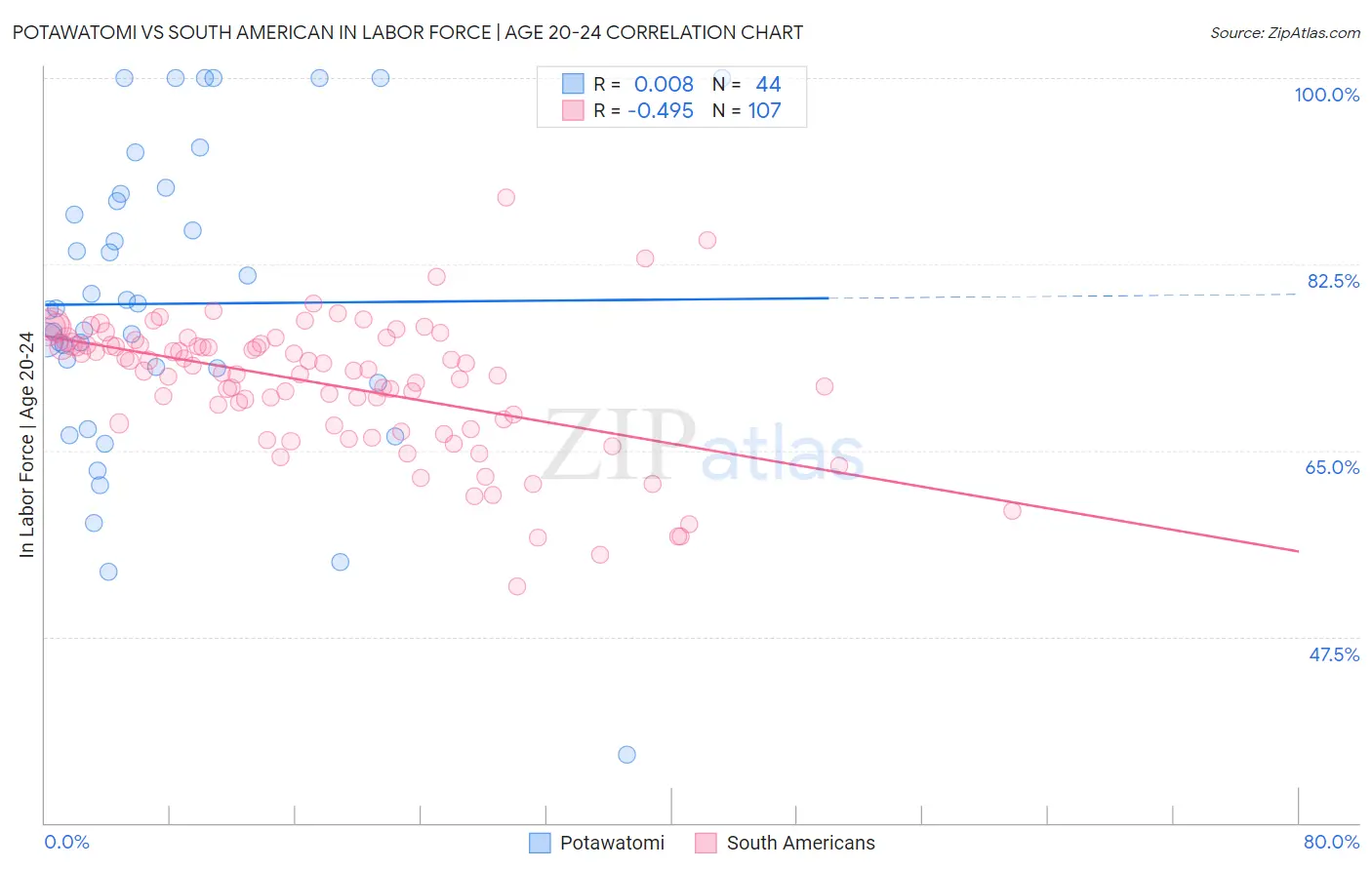 Potawatomi vs South American In Labor Force | Age 20-24