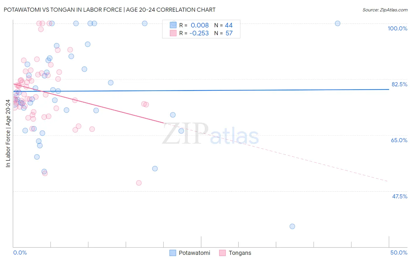 Potawatomi vs Tongan In Labor Force | Age 20-24