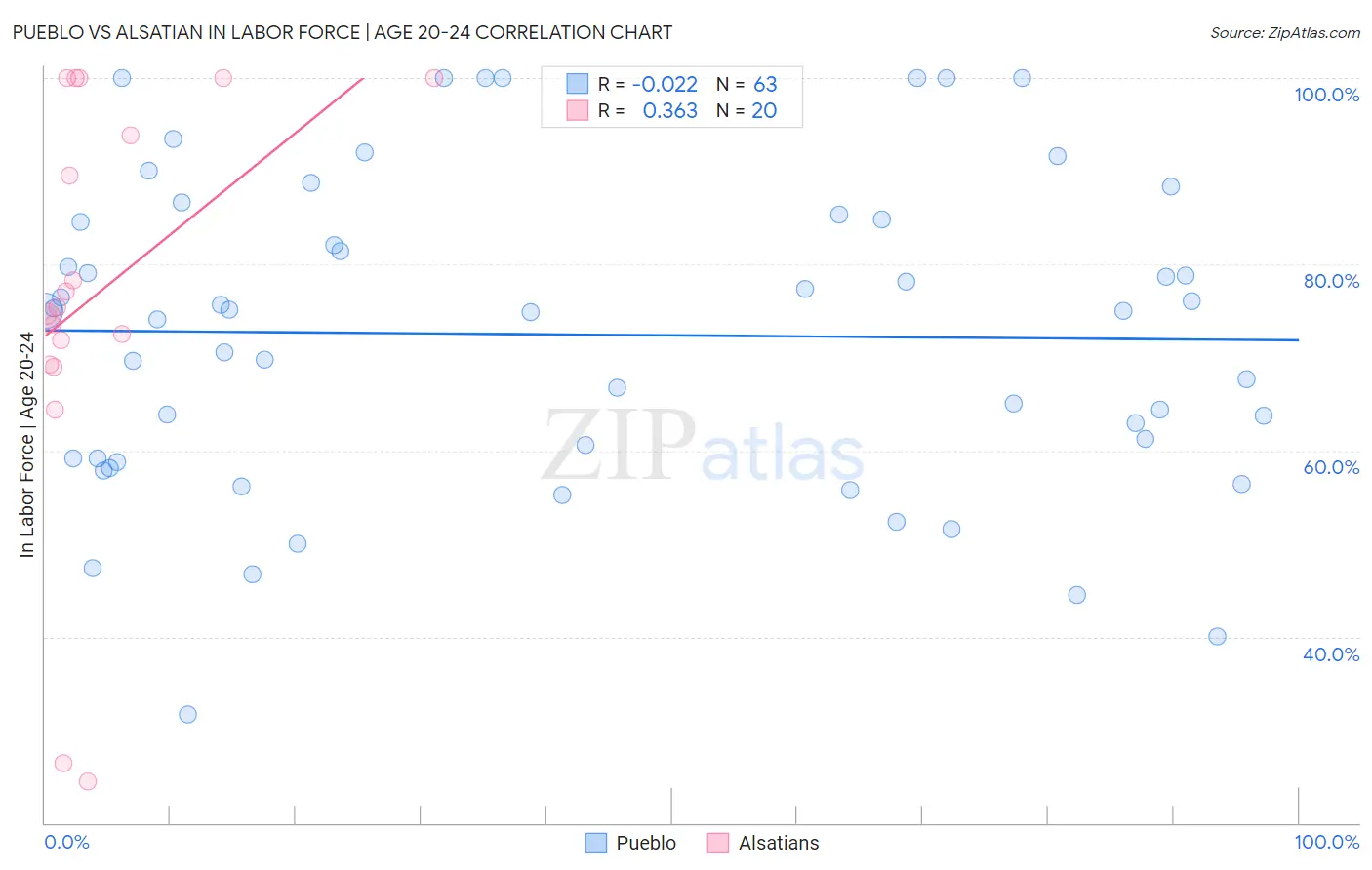 Pueblo vs Alsatian In Labor Force | Age 20-24