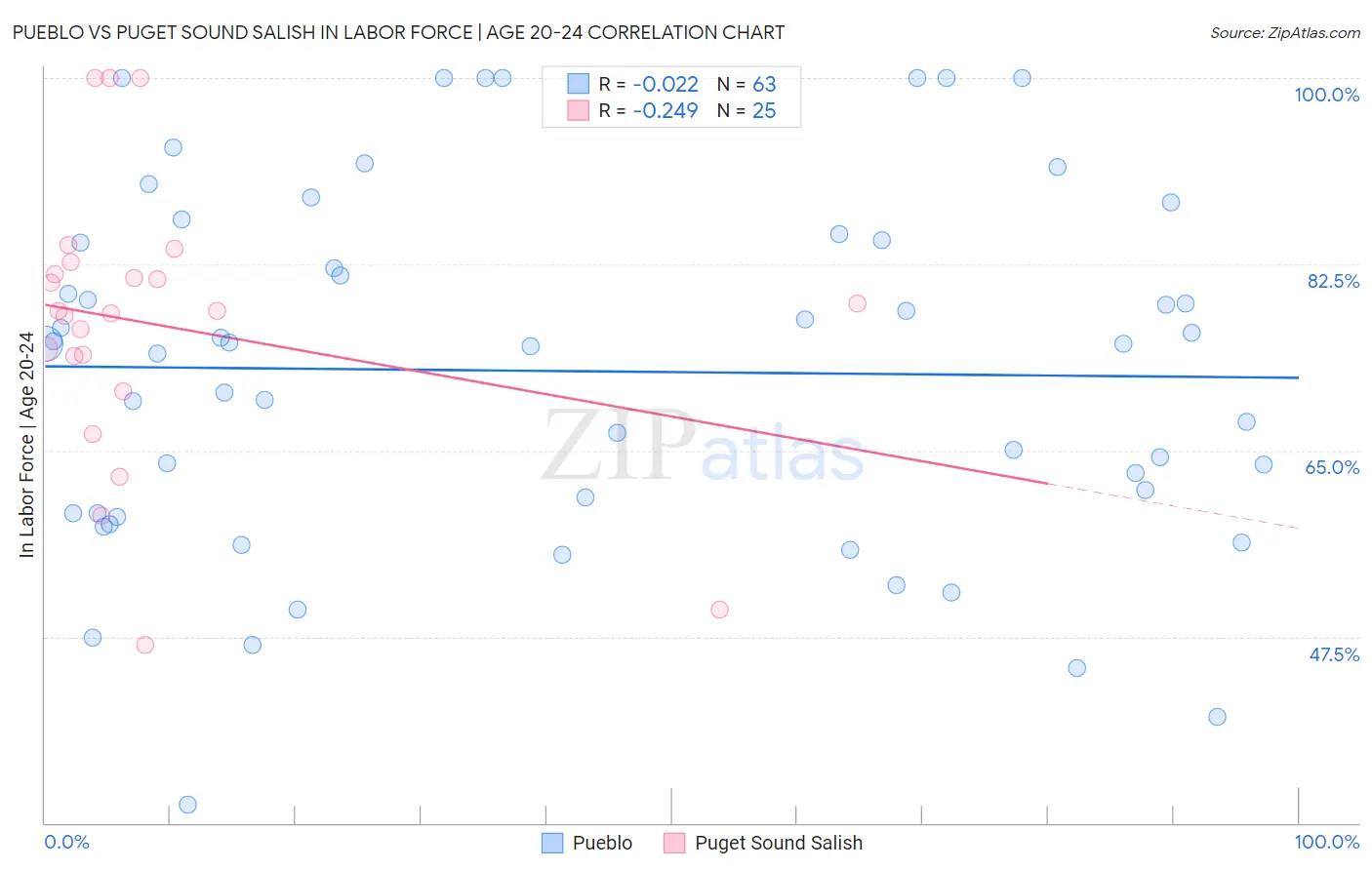 Pueblo vs Puget Sound Salish In Labor Force | Age 20-24