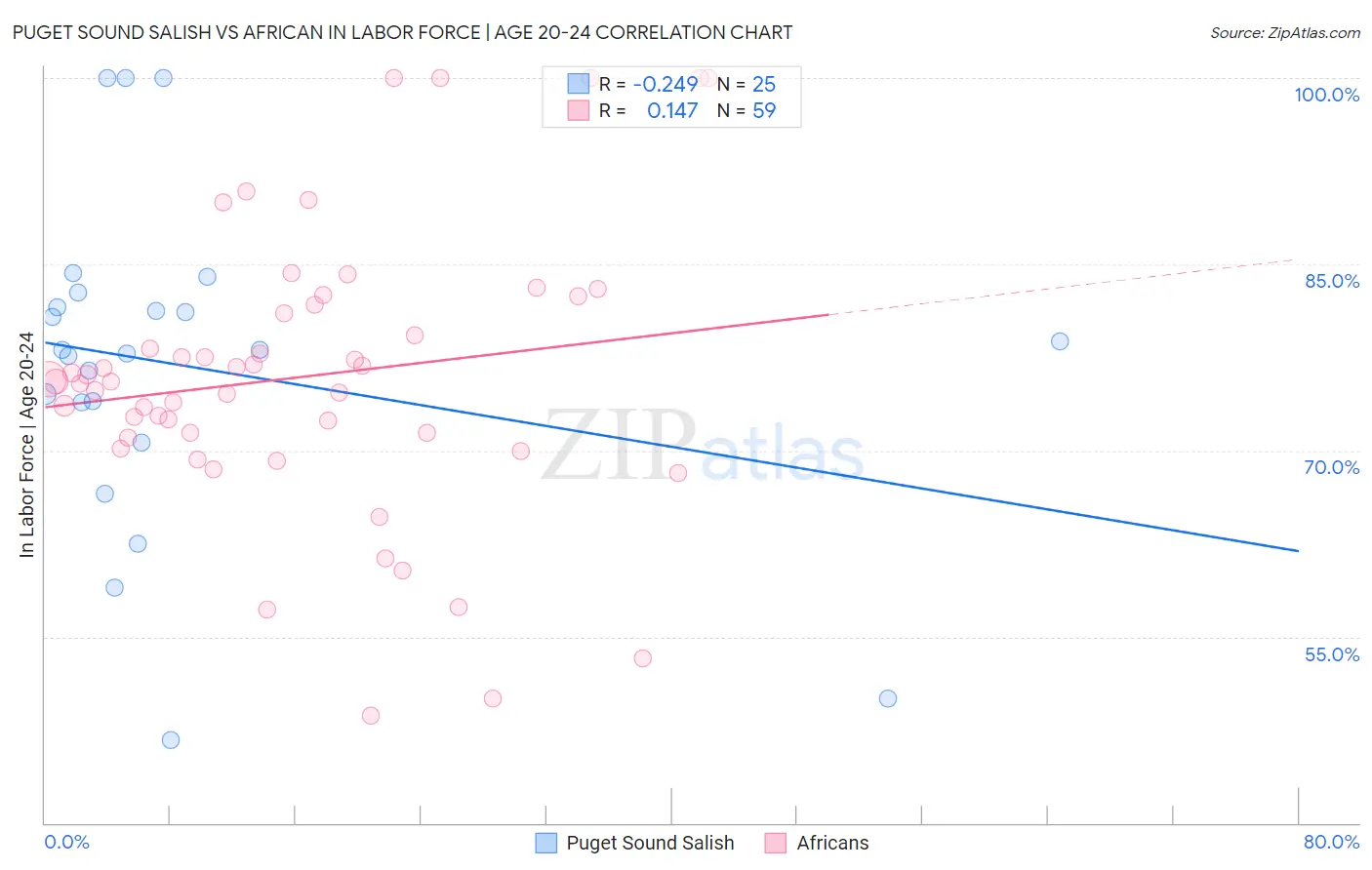 Puget Sound Salish vs African In Labor Force | Age 20-24