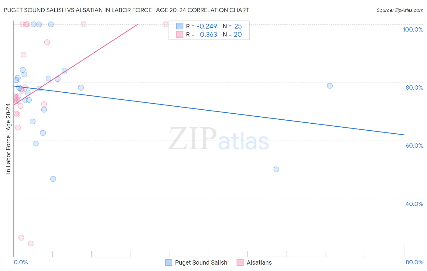 Puget Sound Salish vs Alsatian In Labor Force | Age 20-24