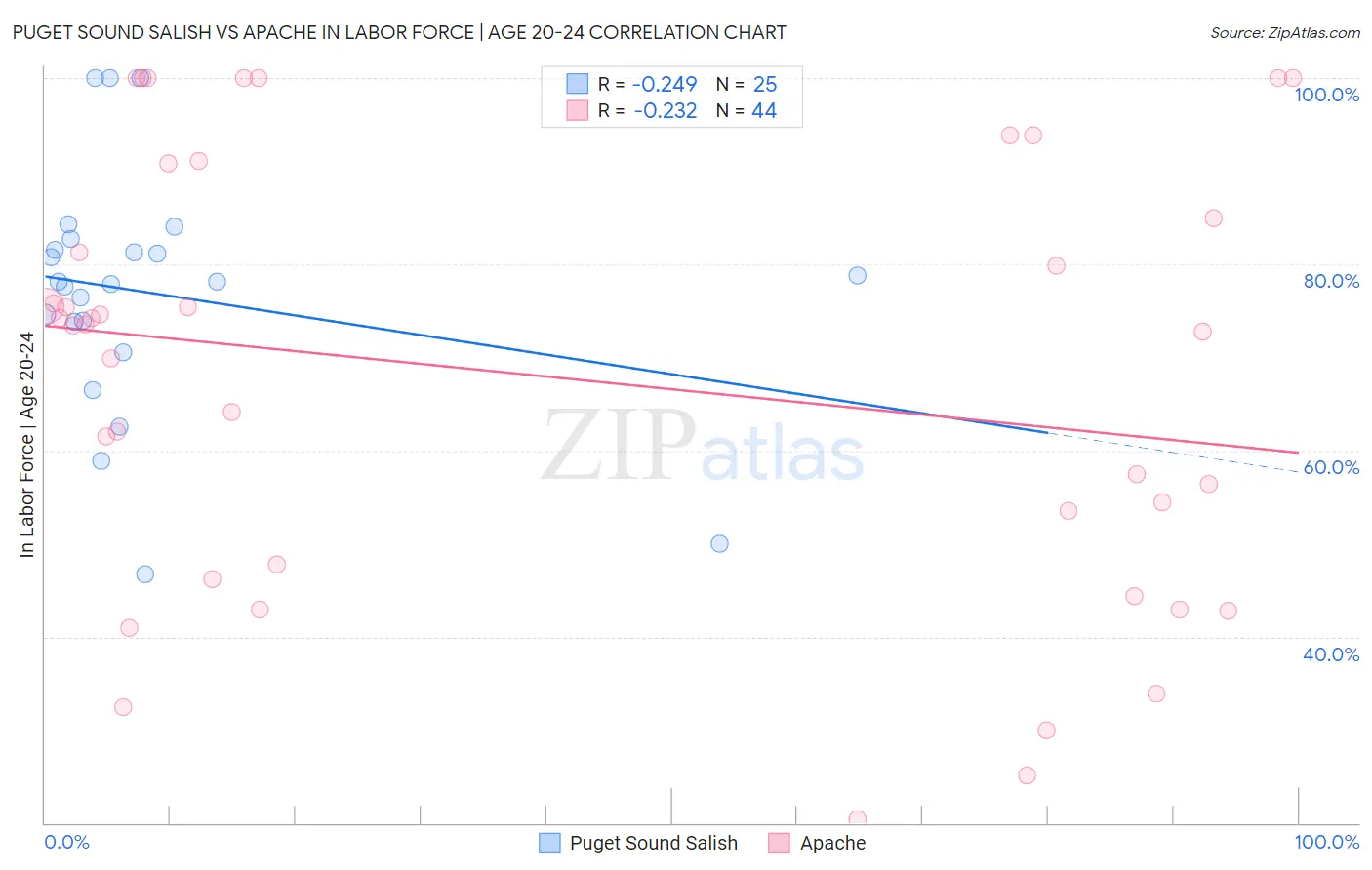 Puget Sound Salish vs Apache In Labor Force | Age 20-24