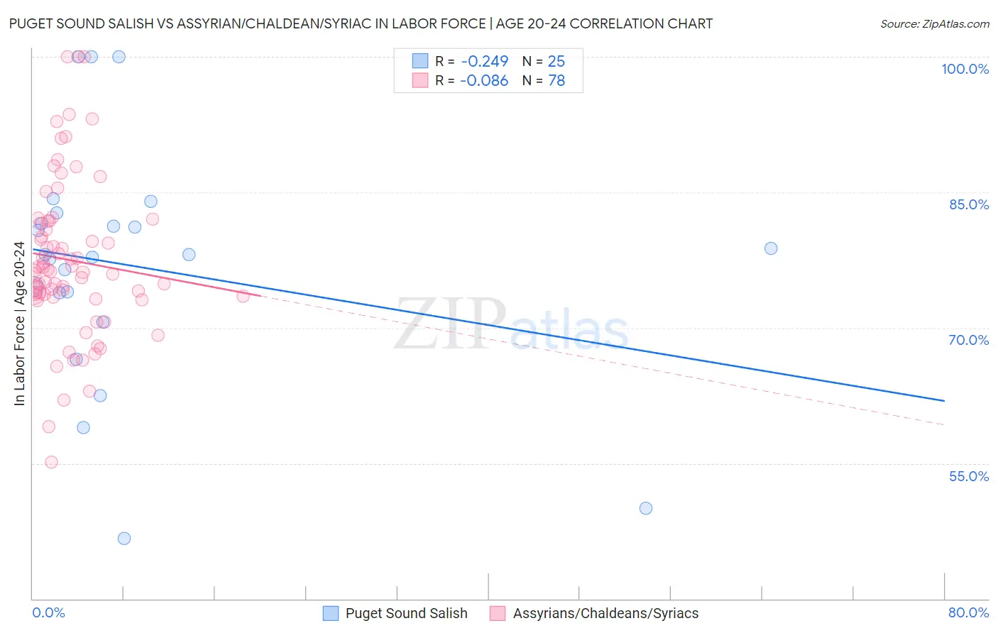 Puget Sound Salish vs Assyrian/Chaldean/Syriac In Labor Force | Age 20-24