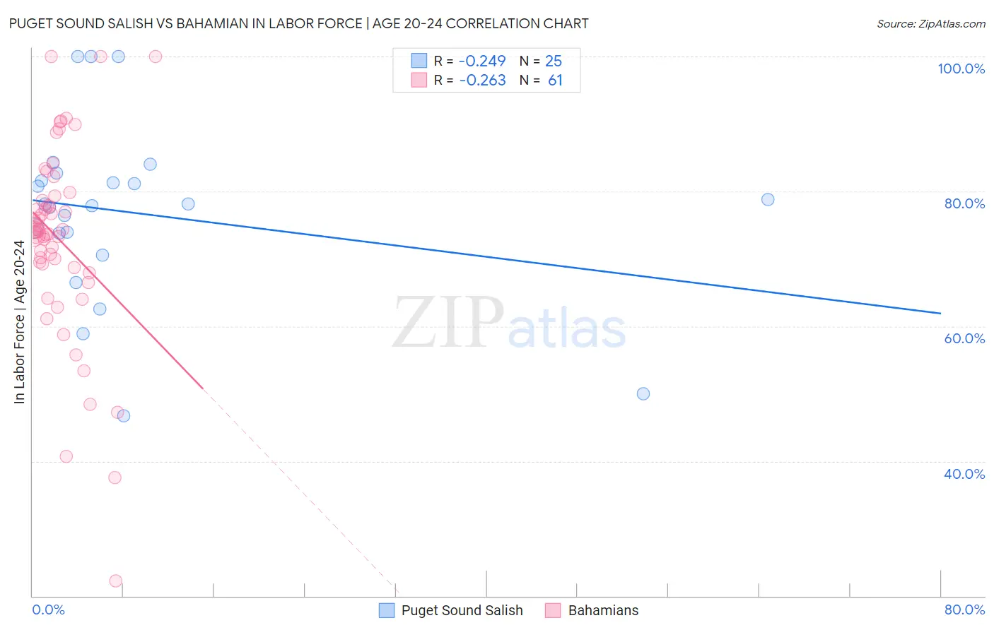 Puget Sound Salish vs Bahamian In Labor Force | Age 20-24