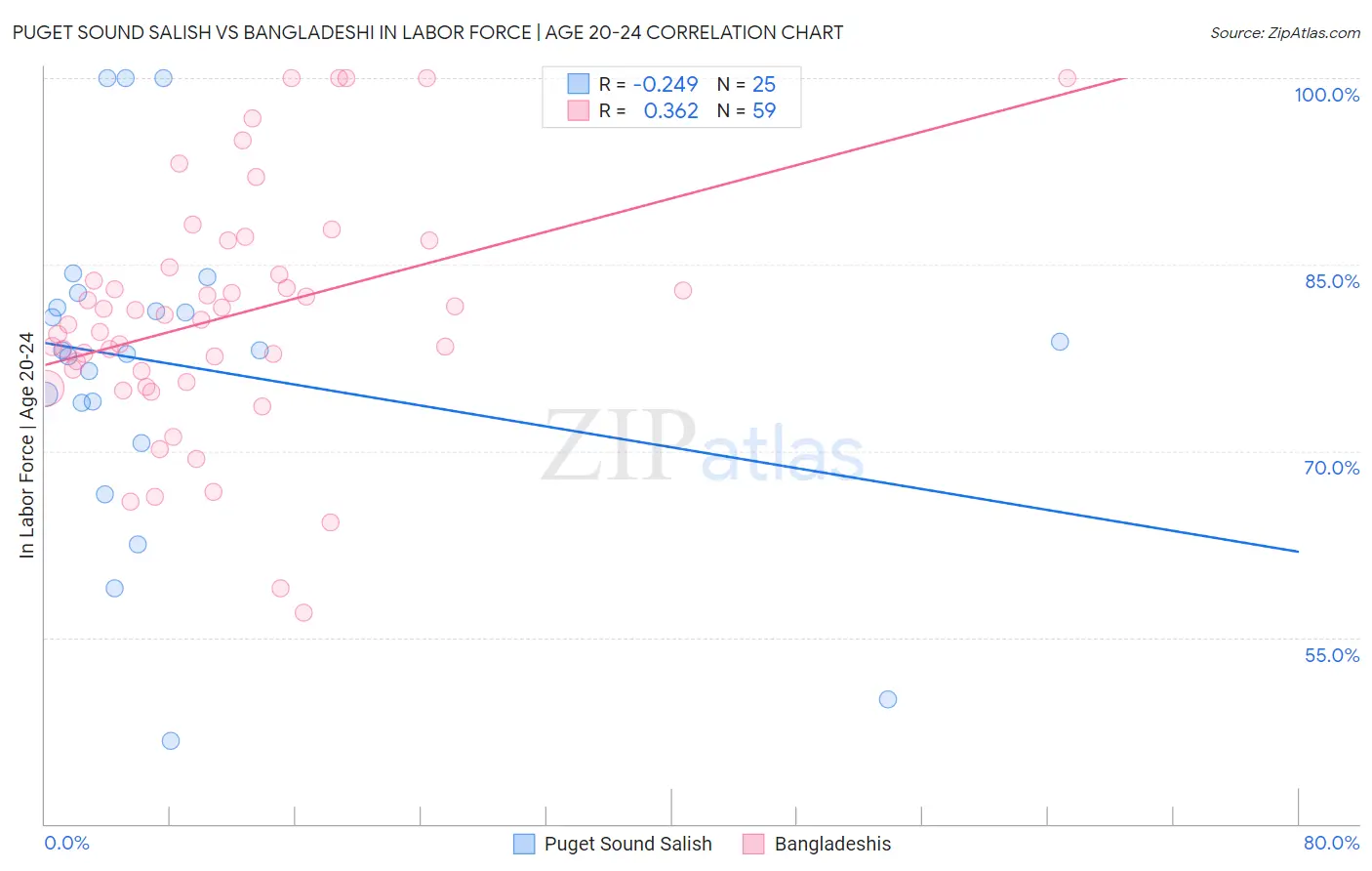 Puget Sound Salish vs Bangladeshi In Labor Force | Age 20-24