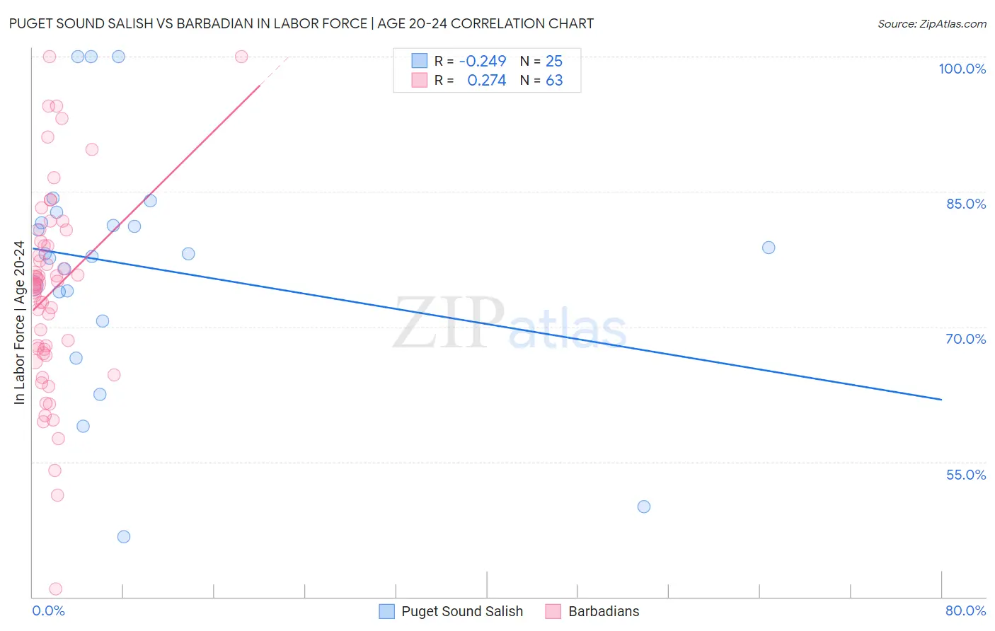Puget Sound Salish vs Barbadian In Labor Force | Age 20-24