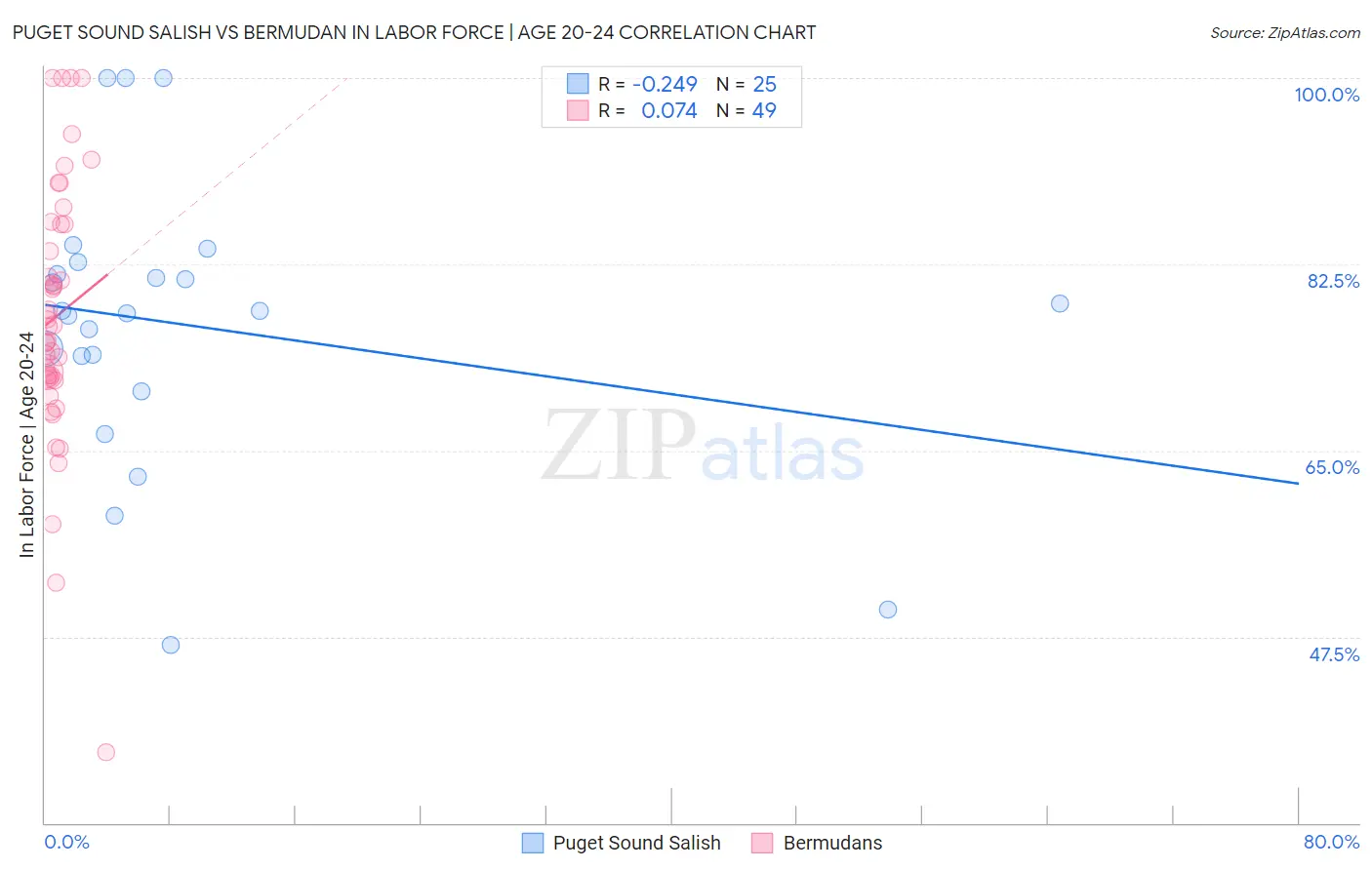 Puget Sound Salish vs Bermudan In Labor Force | Age 20-24