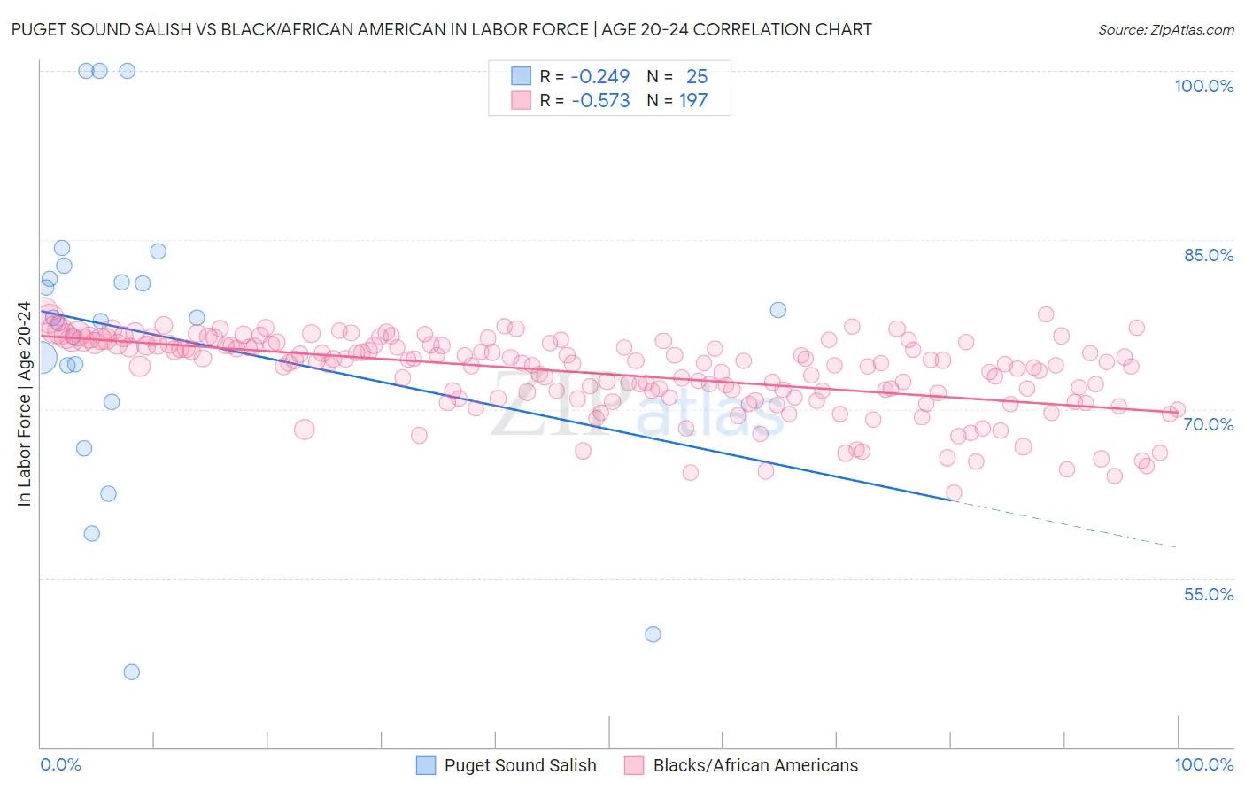 Puget Sound Salish vs Black/African American In Labor Force | Age 20-24