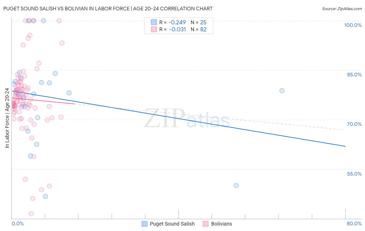 Puget Sound Salish vs Bolivian In Labor Force | Age 20-24