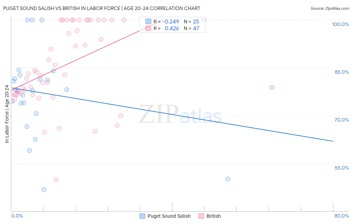 Puget Sound Salish vs British In Labor Force | Age 20-24
