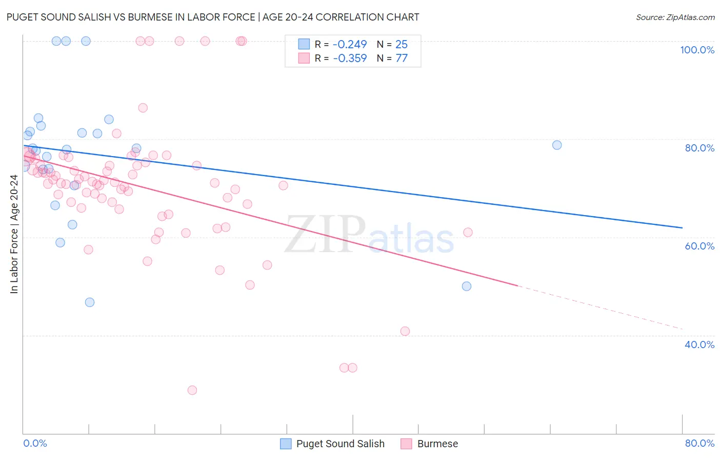 Puget Sound Salish vs Burmese In Labor Force | Age 20-24