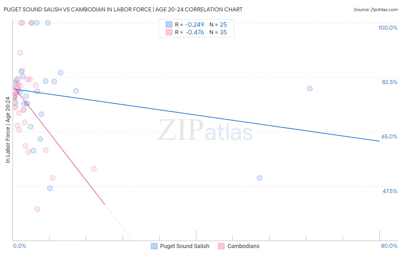 Puget Sound Salish vs Cambodian In Labor Force | Age 20-24