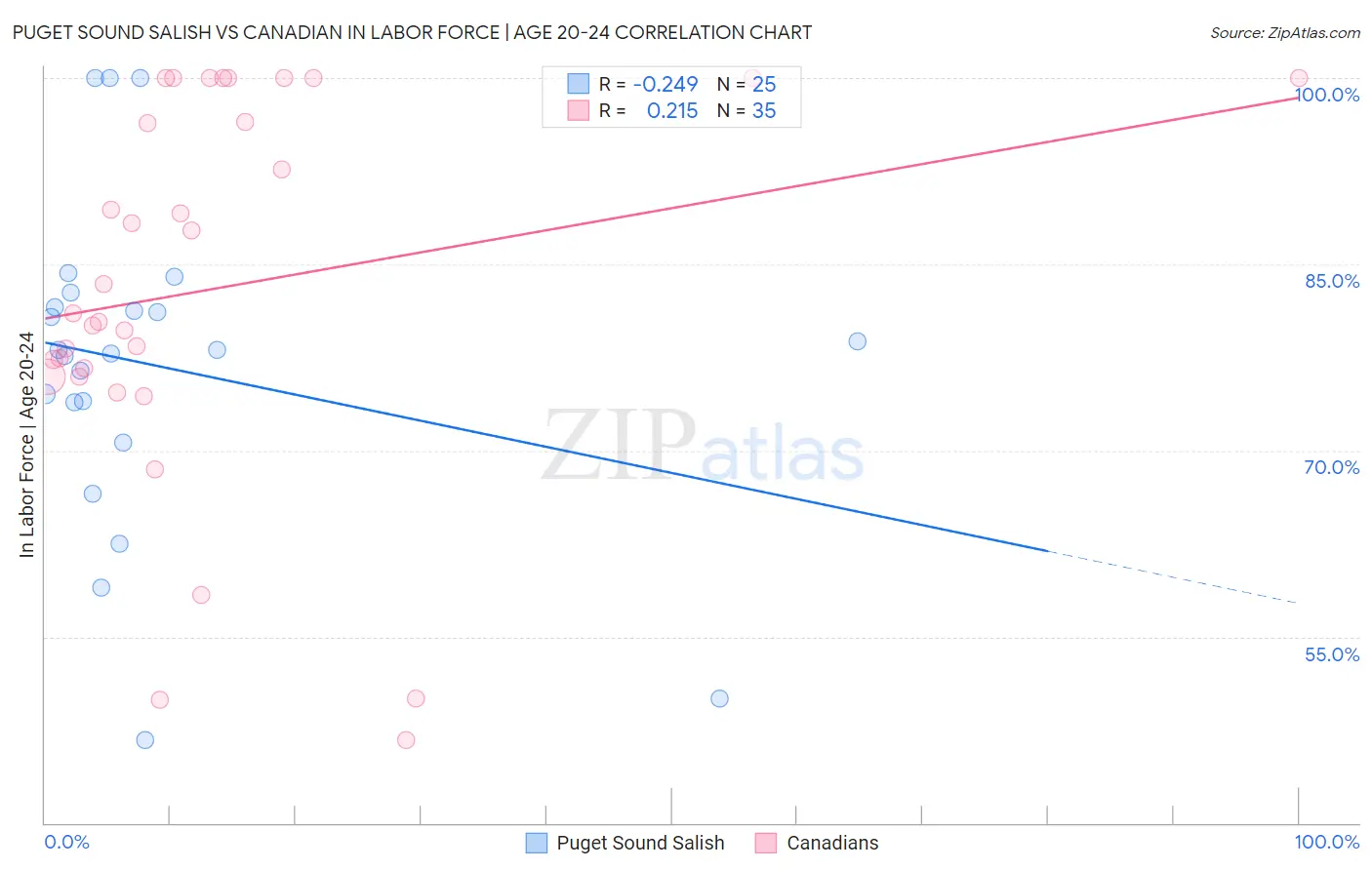 Puget Sound Salish vs Canadian In Labor Force | Age 20-24