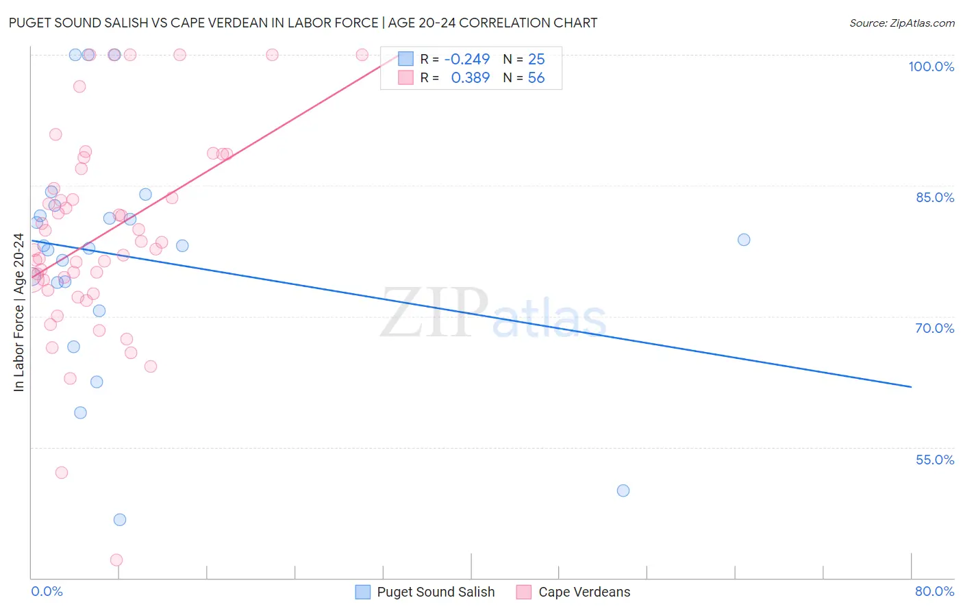 Puget Sound Salish vs Cape Verdean In Labor Force | Age 20-24