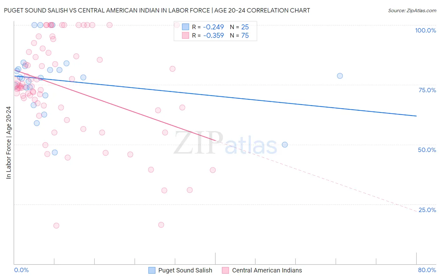 Puget Sound Salish vs Central American Indian In Labor Force | Age 20-24