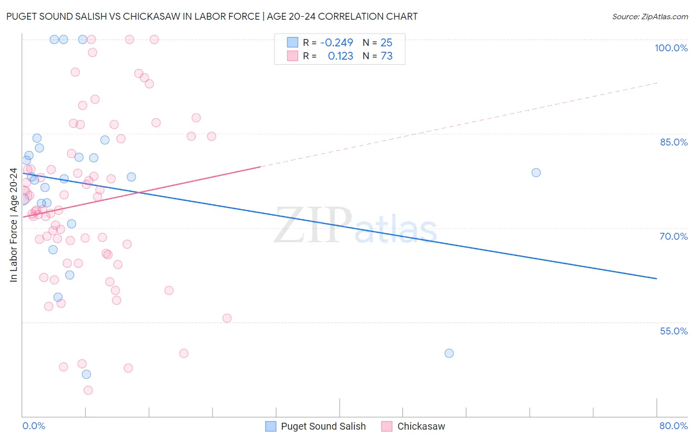 Puget Sound Salish vs Chickasaw In Labor Force | Age 20-24