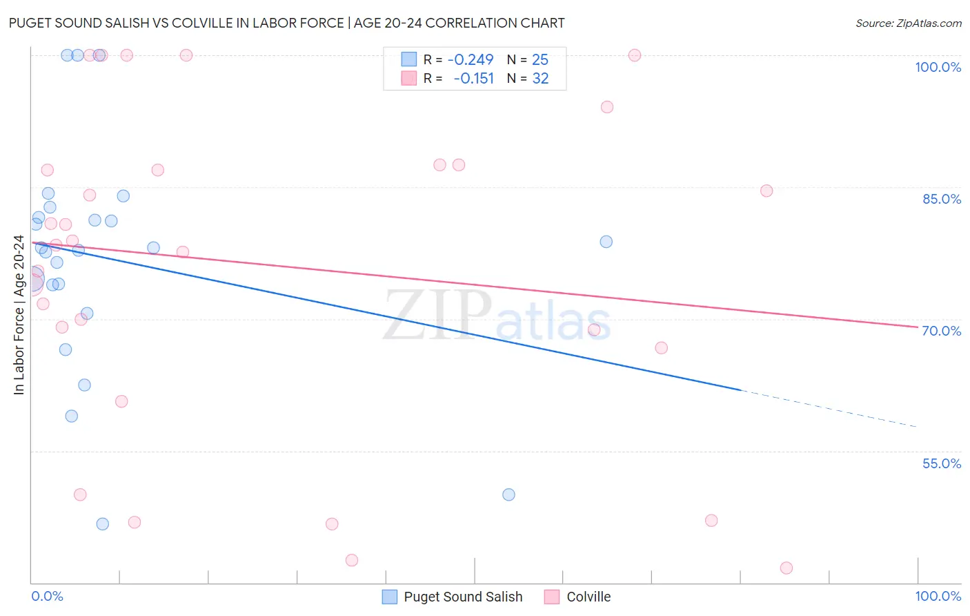 Puget Sound Salish vs Colville In Labor Force | Age 20-24