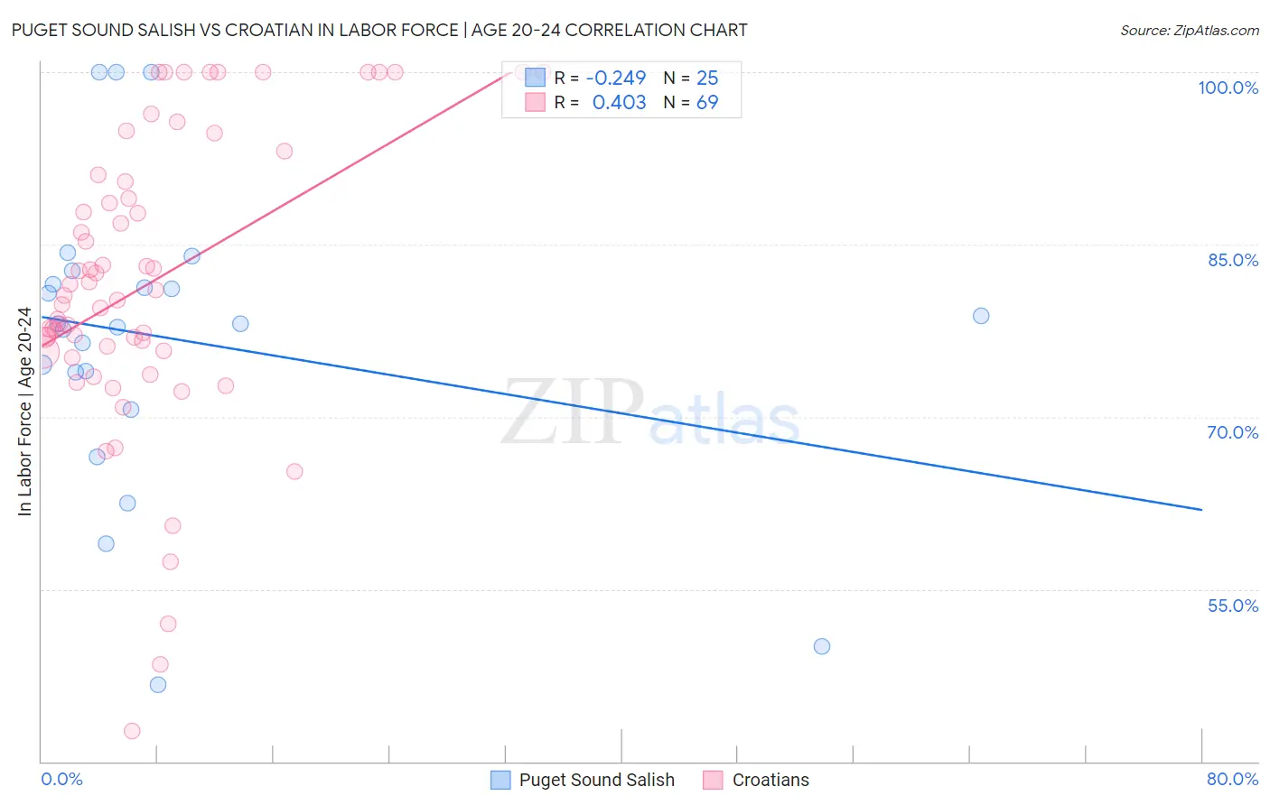 Puget Sound Salish vs Croatian In Labor Force | Age 20-24