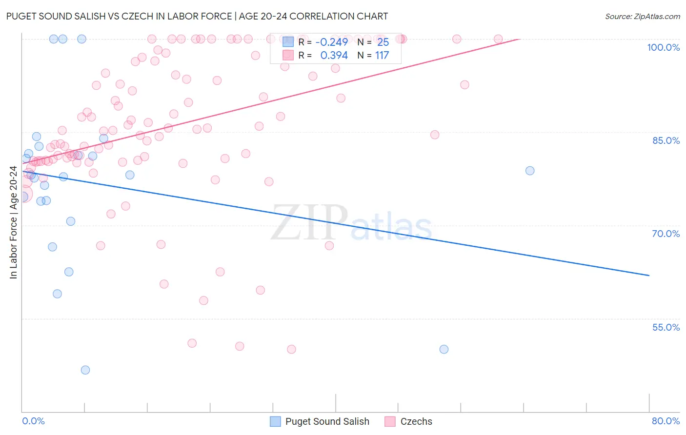 Puget Sound Salish vs Czech In Labor Force | Age 20-24
