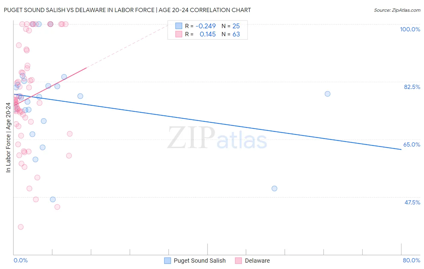 Puget Sound Salish vs Delaware In Labor Force | Age 20-24