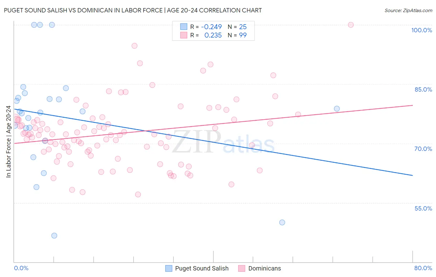 Puget Sound Salish vs Dominican In Labor Force | Age 20-24
