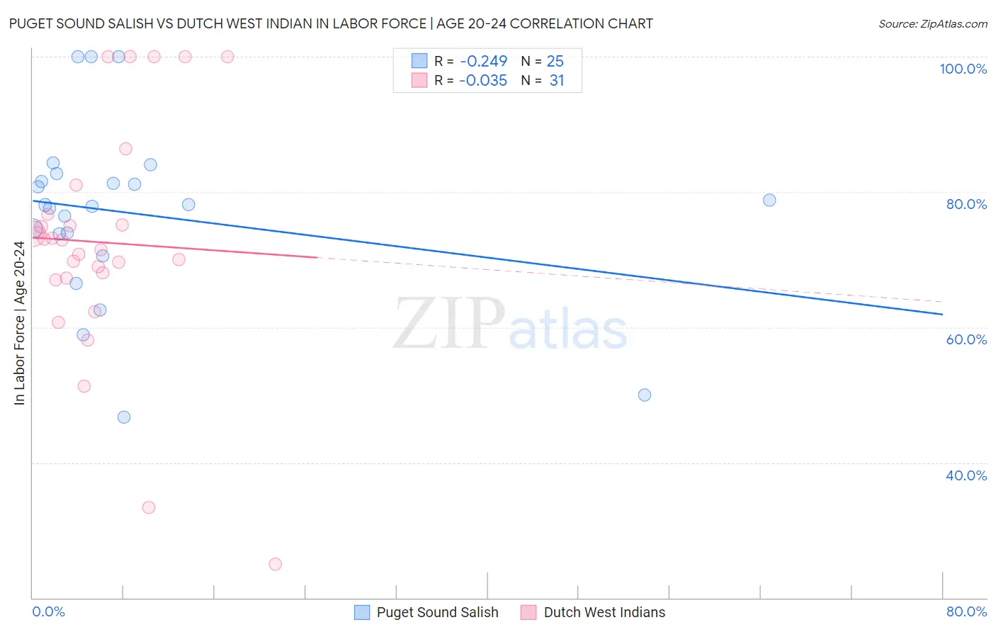 Puget Sound Salish vs Dutch West Indian In Labor Force | Age 20-24