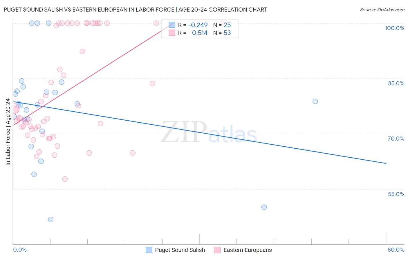 Puget Sound Salish vs Eastern European In Labor Force | Age 20-24