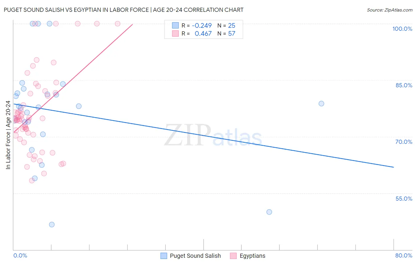 Puget Sound Salish vs Egyptian In Labor Force | Age 20-24